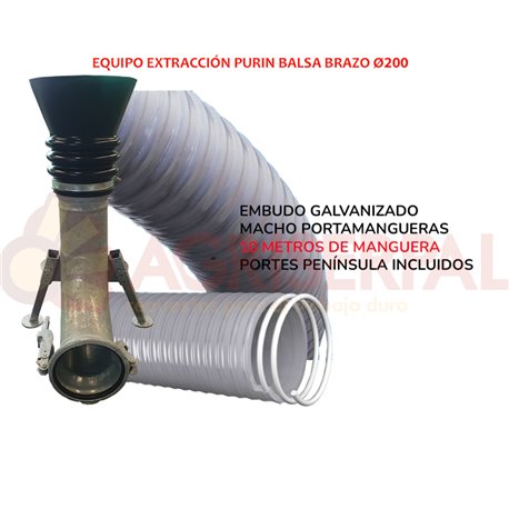 Embudo Ø200 balsa purin hembra, 10 m manguera, brida,macho portamangueras (incuye portes)